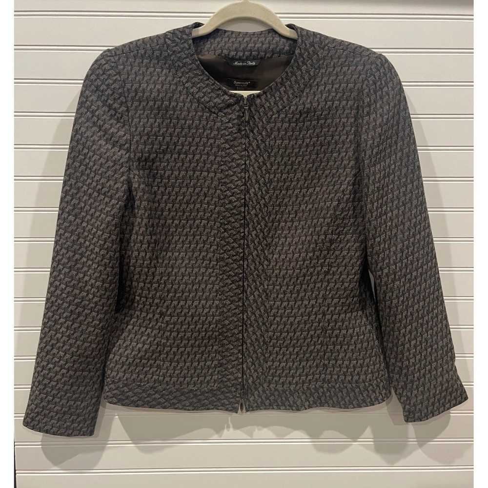 Santorelli Lana 1E003‎ Brown Textured Wool Blend Zip Front Jacket Italy Womens 8